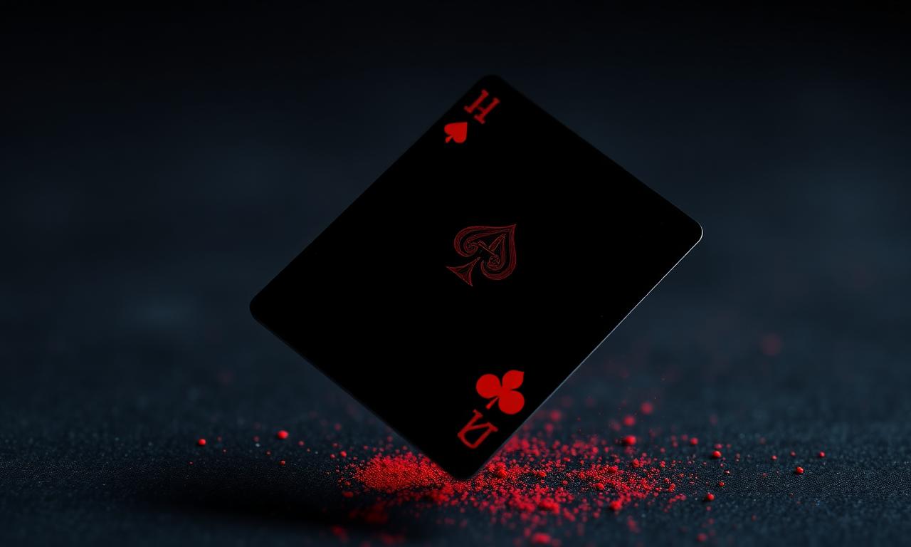 Black playing card with red foil suits floating over a dark Slots of Vegas table