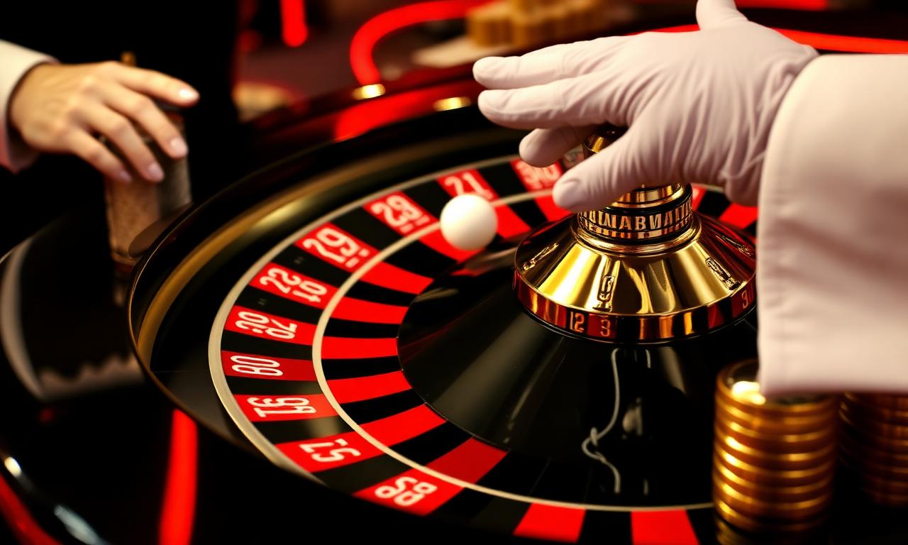 Slots of Vegas live roulette wheel with croupier preparing the spin